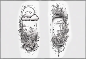 a forearm tattoo with a cloud with little plants and underneath it the date 12.08.05 tattoo idea