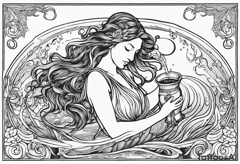 A black line ink design for a full sleeve tattoo featuring a beautiful, semi-naked woman representing the Aquarius water bearer. She has elegant, detailed angel wings and is pouring water out of a jug into a flowing stream. The stream curves around the arm, and within it, a single crab is visible, symbolizing the zodiac sign Cancer. The design should emphasize intricate line work, with a focus on the flowing water, the woman’s serene expression, and the detailed wings. The overall style should be elegant and mystical, with an emphasis on the contrast between the soft curves of the woman and the fluidity of the water, all rendered in black ink only. tattoo idea