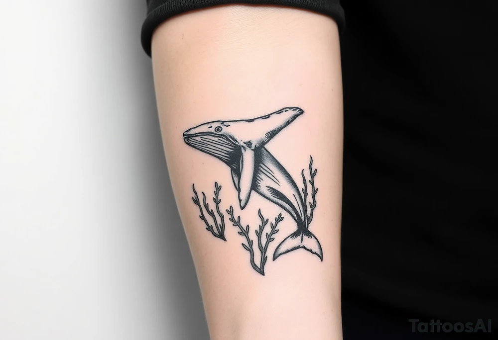 Forearm design, size = most of forearm.   Illustrative B/W with heavy linework, some shading and artistic styling.   Humpback whale that is breaching.  Kelp underwater framing whale as it emerges. tattoo idea