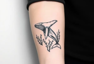 Forearm design, size = most of forearm.   Illustrative B/W with heavy linework, some shading and artistic styling.   Humpback whale that is breaching.  Kelp underwater framing whale as it emerges. tattoo idea