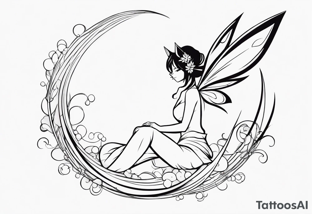 No color sketch of a fairy with a tail inspired by the guild symbol in the anime show called Fairy Tail in a fetal position leaning in and forward while crawled in hugging herself floating with hands a bit forward and her body is an angle tattoo idea
