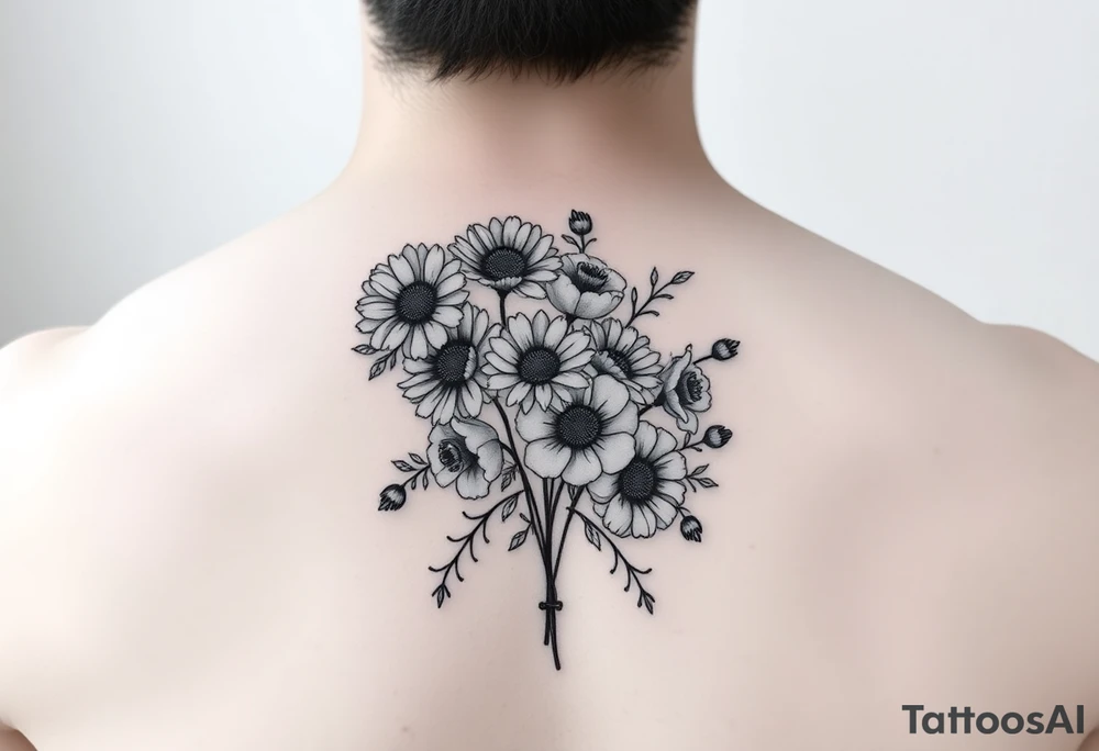 Flower bouquet with Chrysanthemums, poppy’s and violets tattoo idea