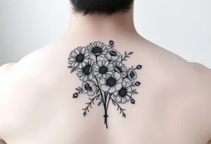 Flower bouquet with Chrysanthemums, poppy’s and violets tattoo idea