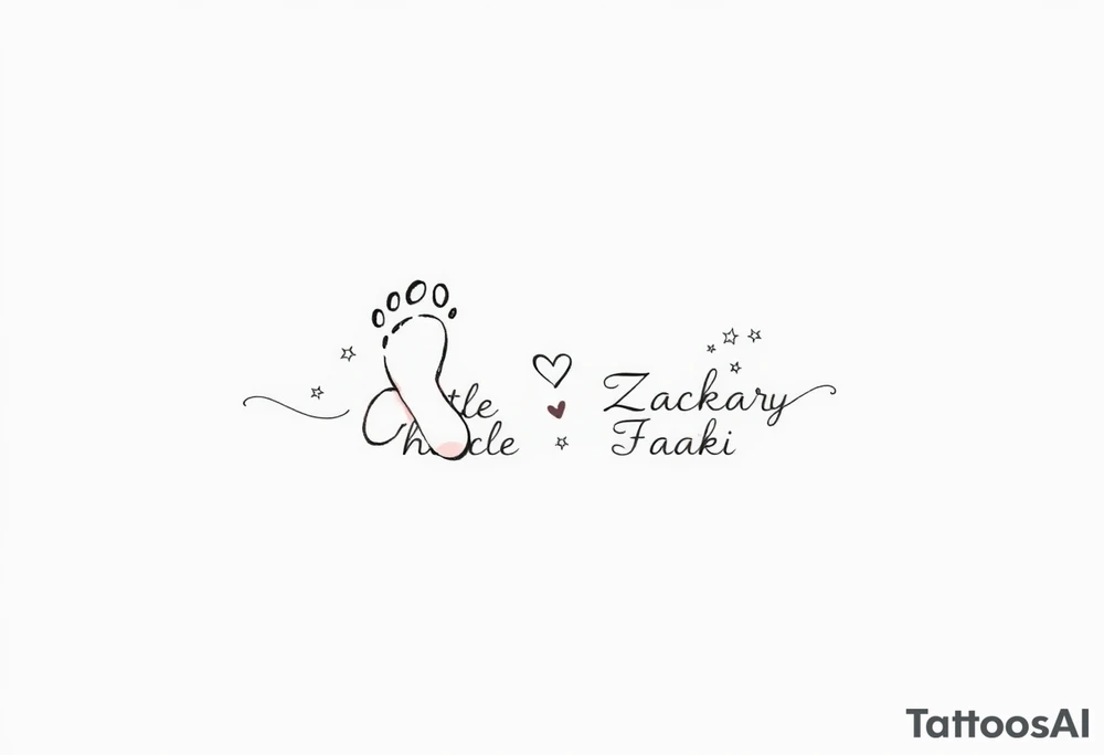 Create a small, elegant tattoo design that celebrates the spirit of childhood. The design should evoke innocence and joy, incorporating delicate elements like tiny handprints or footprints, subtle stars, or a playful heart. Consider integrating minimal floral accents or soft, flowing lines that suggest the nurturing bond of family. Optionally, you can include the names "Charlie" and "Zackary" in gentle, cursive script within the design to personalize it further. tattoo idea