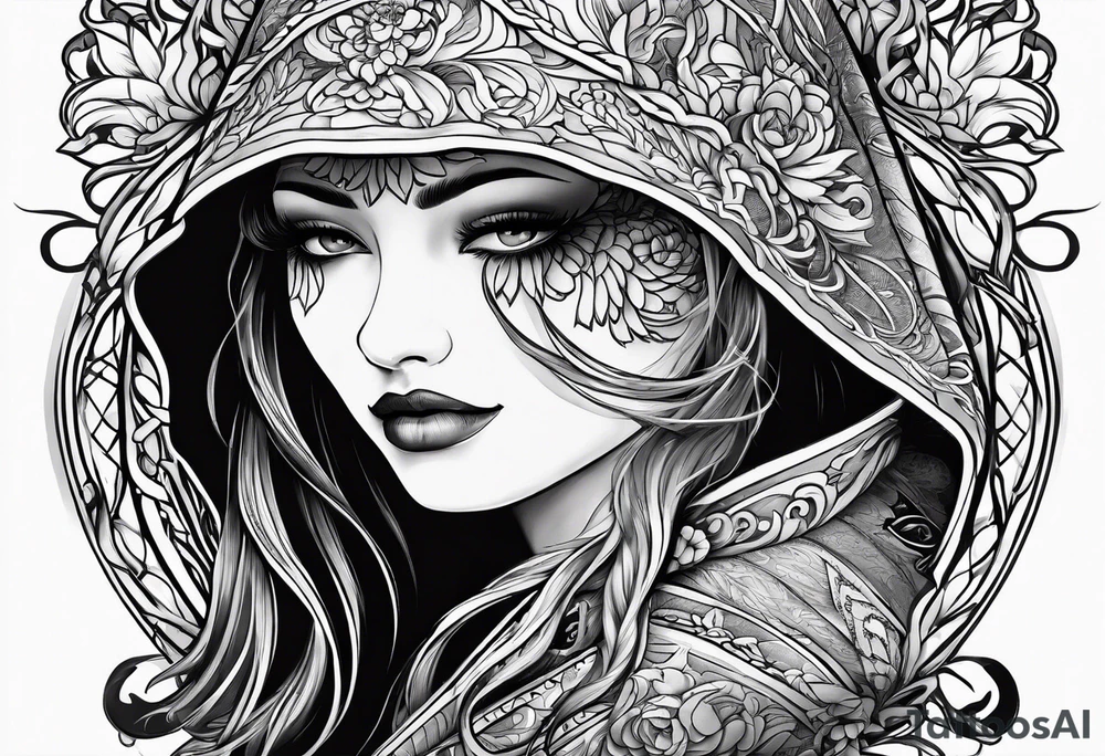 Shadow cloak protecting beautiful dagger tattoo idea