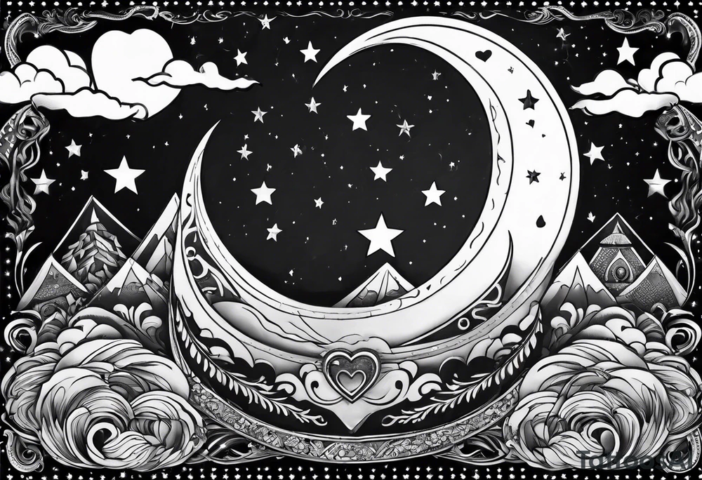 Crescent moon with a love heart inside tattoo idea
