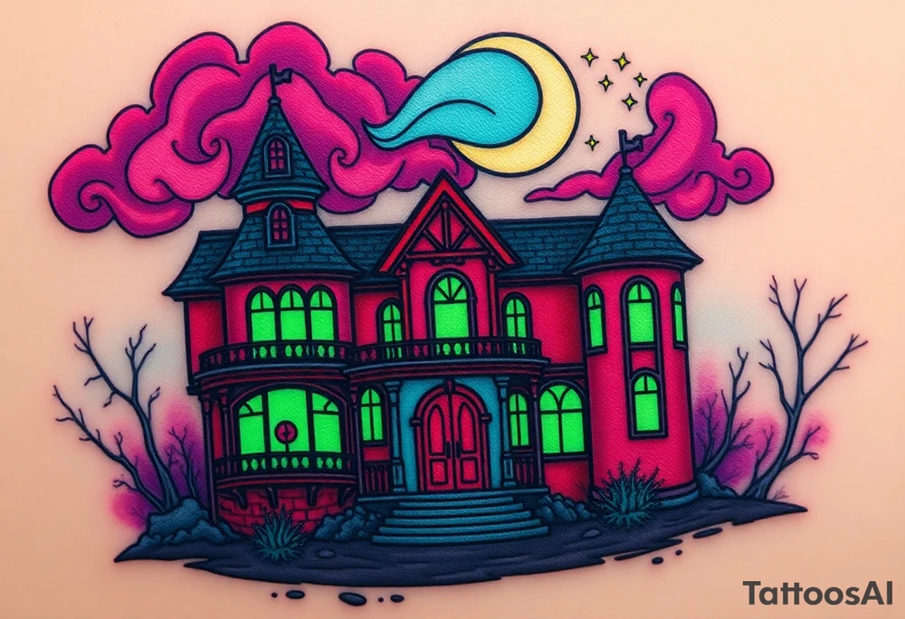 Tim Burton’s haunted casino is abandoned and dripping with muted reds, dusty pinks, and eerie green glow.purple and cyan smokey clouds swirl in the crescent moonlit sky thats sprinkled with stars tattoo idea tattoo idea