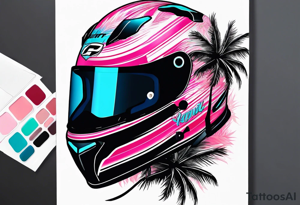 Formula 1 helment with a palm tree and black pink and light blue color tattoo idea