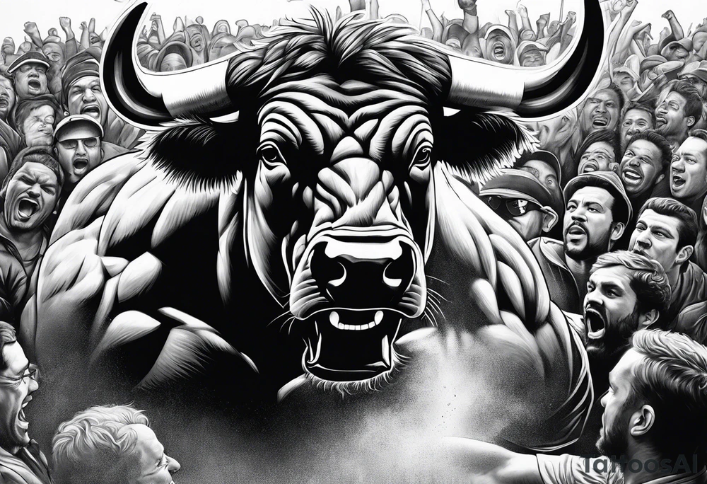 raging bull head busting through crowd tattoo idea