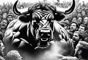 raging bull head busting through crowd tattoo idea
