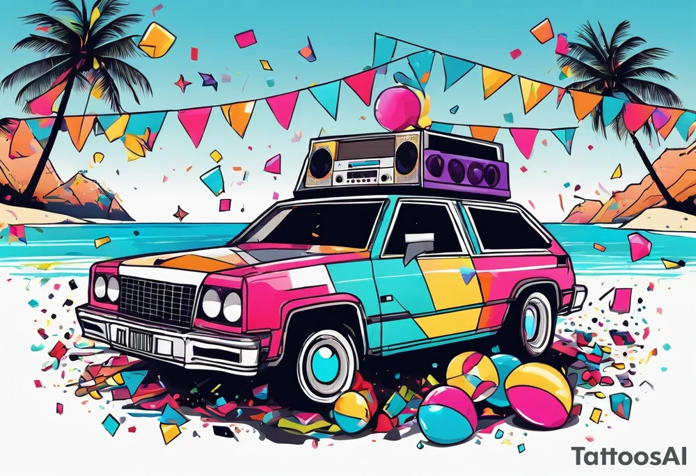 1980's style dance party with boom box and confetti in a beach theme. do not include cars tattoo idea