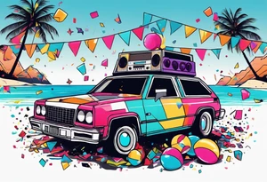 1980's style dance party with boom box and confetti in a beach theme. do not include cars tattoo idea