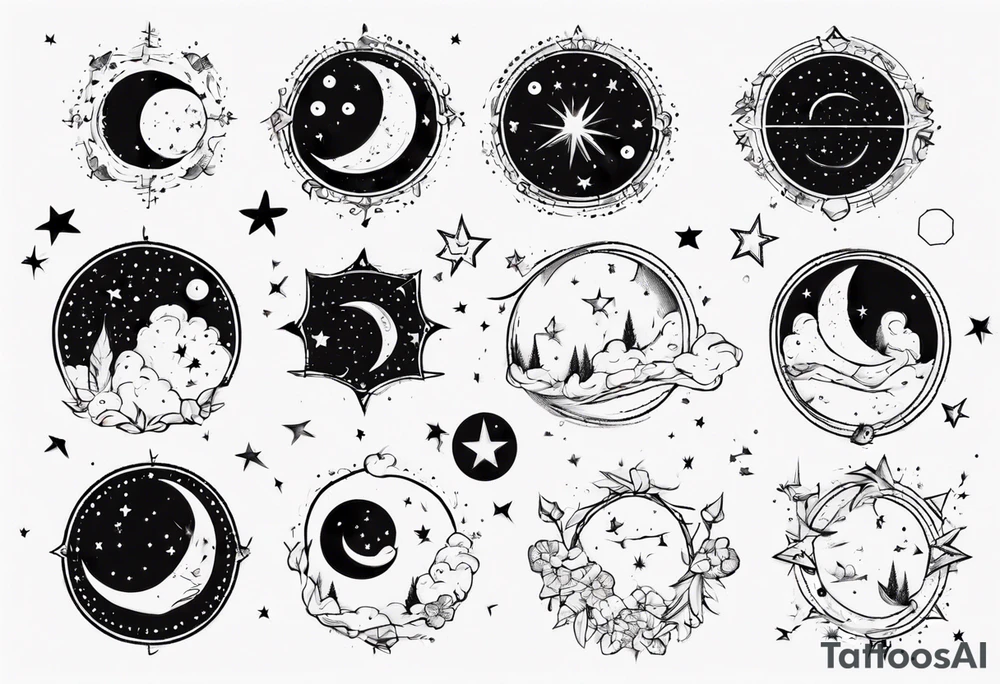 Night sky with moon and stars and constellations tattoo idea