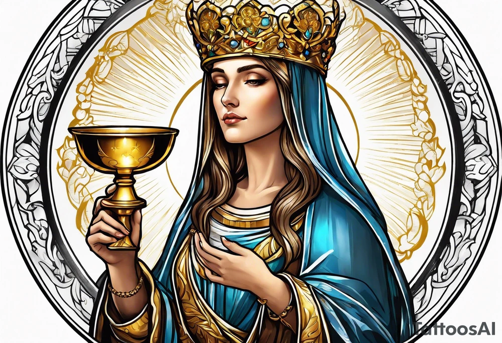 holy saint woman with golden halo holding a chalice tattoo idea