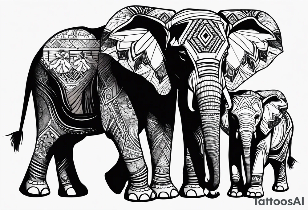 Mama tribal elephant facing forward. 2 girl baby elephants with bows sitting down and 1 baby boy elephant with bow tie sitting down tattoo idea