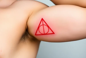 A minimalist Deathly Hallows  full symbol outline in red, creating a mystical, luminescent effect on the skin tattoo idea