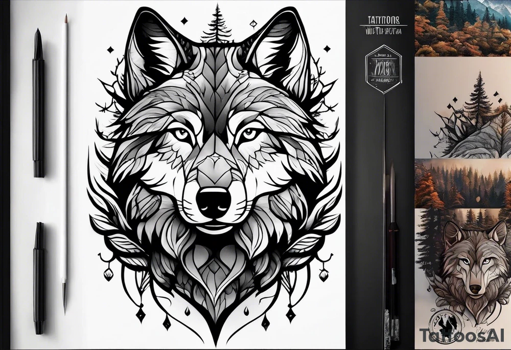Forest and mountains in wolf body tattoo idea