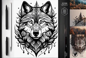 Forest and mountains in wolf body tattoo idea