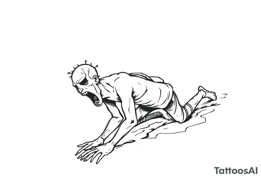 Confusion and pressure in thin lines on screaming solo traveler with no face with his body parts left on the path he’s crawling tattoo idea
