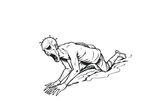 Confusion and pressure in thin lines on screaming solo traveler with no face with his body parts left on the path he’s crawling tattoo idea