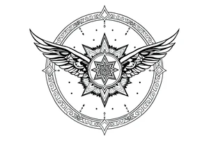 long shaman  style mytical bold line with ancient rhyme tattoo idea