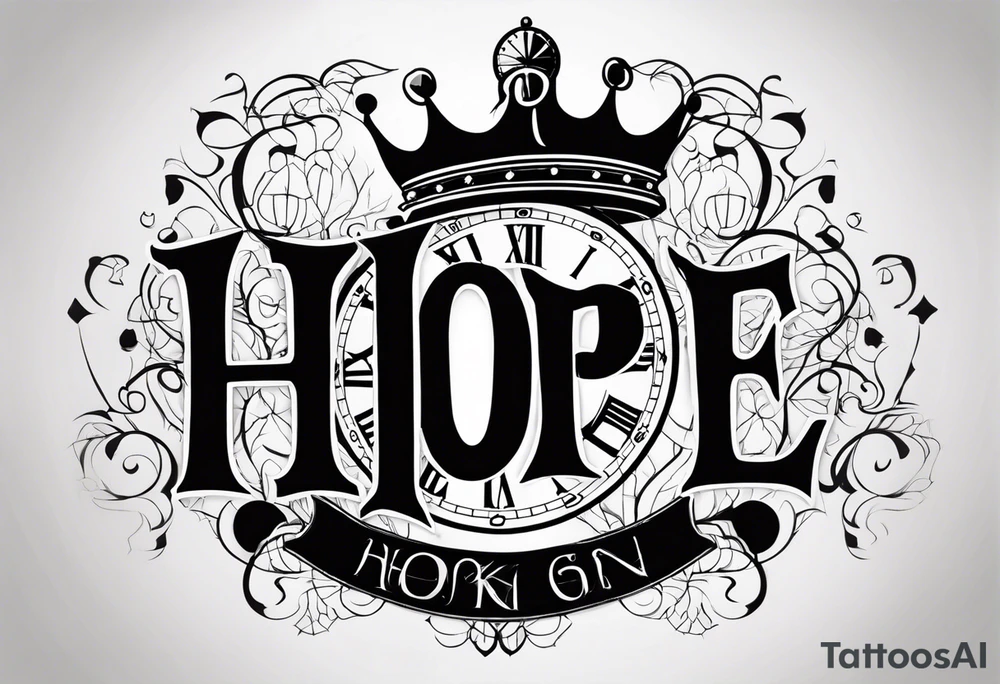 HOPE lettering tattoo with broken clock and king crown incorporated tattoo idea