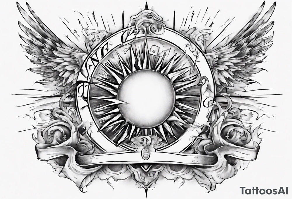 Chest tatoo abstraction with sun and letters and angels tattoo idea