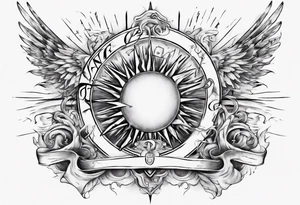 Chest tatoo abstraction with sun and letters and angels tattoo idea