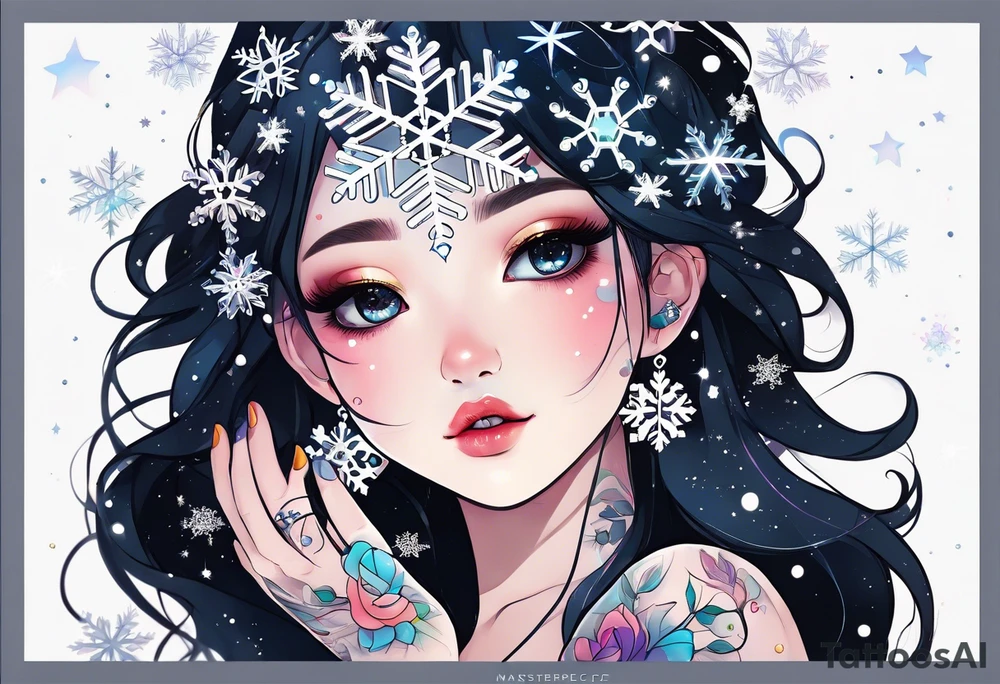 Constellation, kawaii girl , snowflake tattoo idea