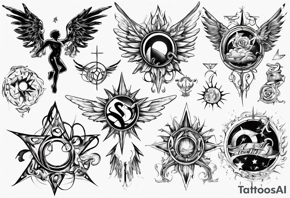 abstraction with sun and letters and angels tattoo idea