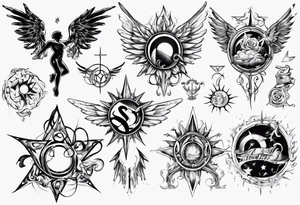 abstraction with sun and letters and angels tattoo idea