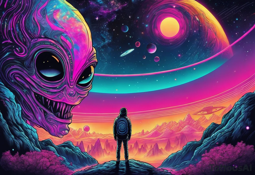 Full Back, synthwave, colossal Alien entities and space stuff, small human on The foreground in awe of The sheer scale of The infinite universe, More absurdist Aliens tattoo idea