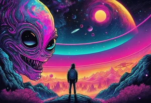 Full Back, synthwave, colossal Alien entities and space stuff, small human on The foreground in awe of The sheer scale of The infinite universe, More absurdist Aliens tattoo idea