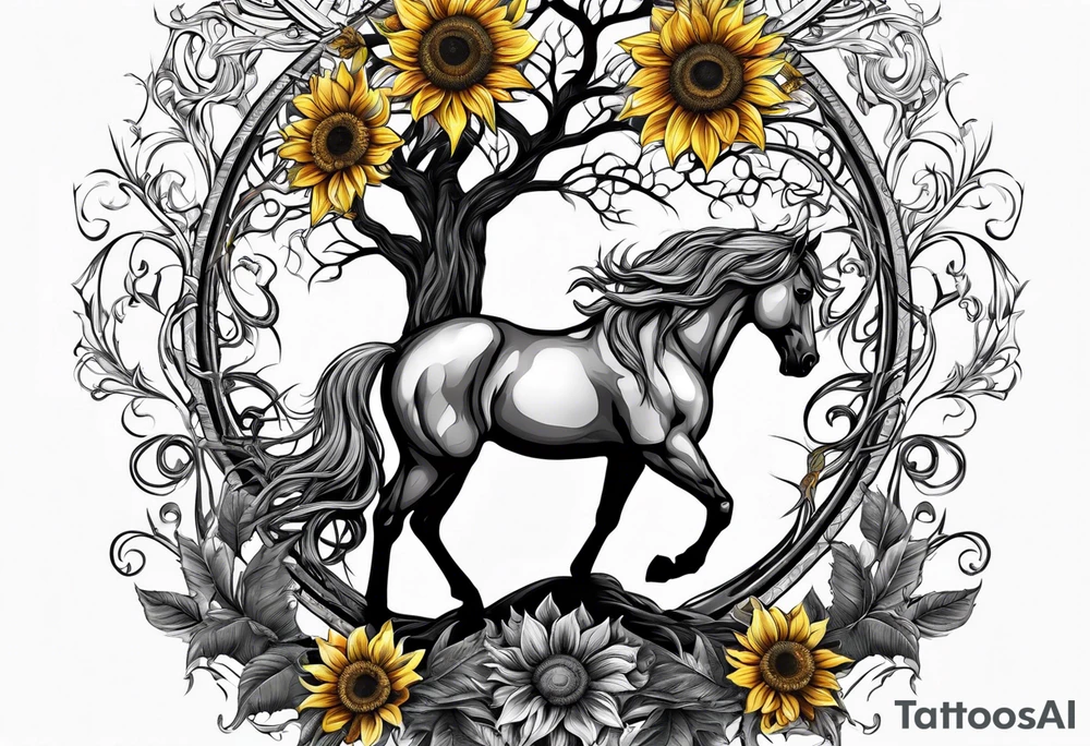 Yggdrasil tree, horse in front of it, and sunflowers tattoo idea