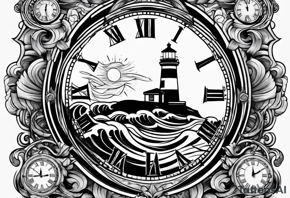 minimalist "open book" with a lighthouse in the middle and a clock and surrounded by waves tattoo idea