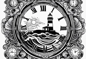 minimalist "open book" with a lighthouse in the middle and a clock and surrounded by waves tattoo idea