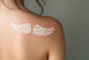 A pair of white angel wings spanning the back, representing spiritual freedom and protection. tattoo idea