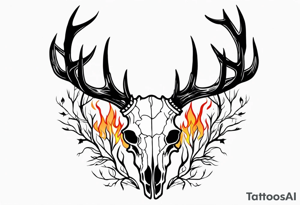 side profile of a DECAYING deer skull JUST BONE lore accurate wendigo surrounded by a flames and trees tattoo idea