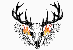 side profile of a DECAYING deer skull JUST BONE lore accurate wendigo surrounded by a flames and trees tattoo idea