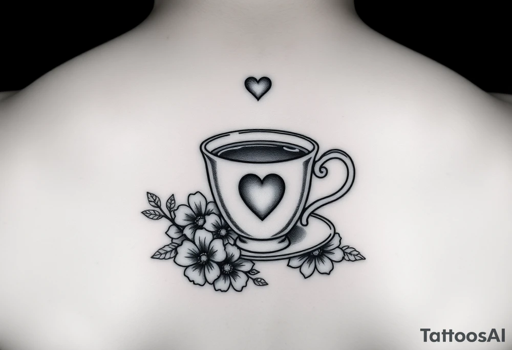 Cute vintage dainty cup of tea with a love heart and flowers tattoo idea