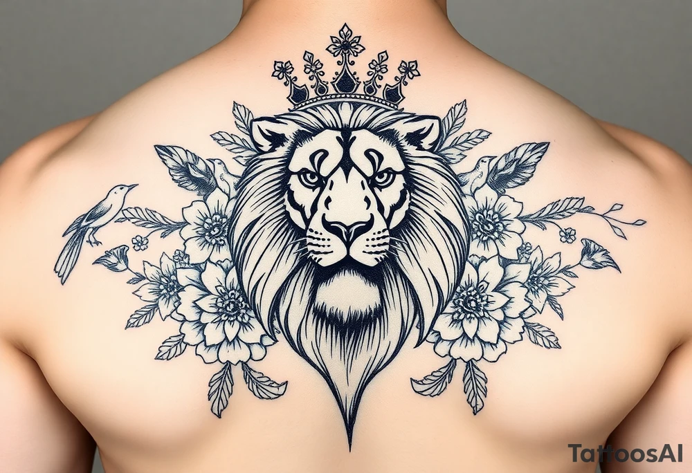 powerful majestic lion with a crown, surrounded by floral ornaments and birds tattoo idea