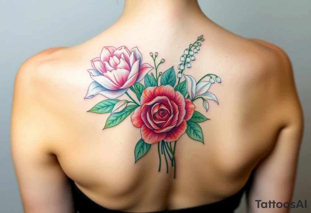 Bouquet of flowers with a carnation, rose, Lily of the valley, delphinium with stems tattoo idea