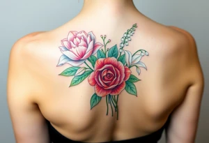 Bouquet of flowers with a carnation, rose, Lily of the valley, delphinium with stems tattoo idea