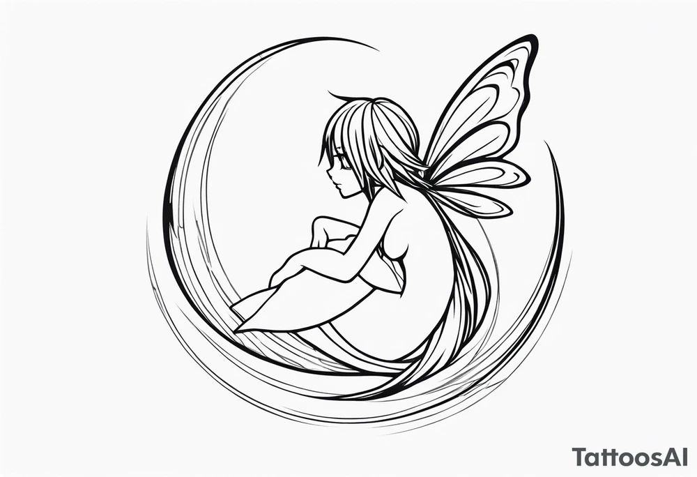 A fairy with a tail inspired by the logo of the anime show called Fairy Tail in a fetal position leaning in and forward while in the air floating tattoo idea