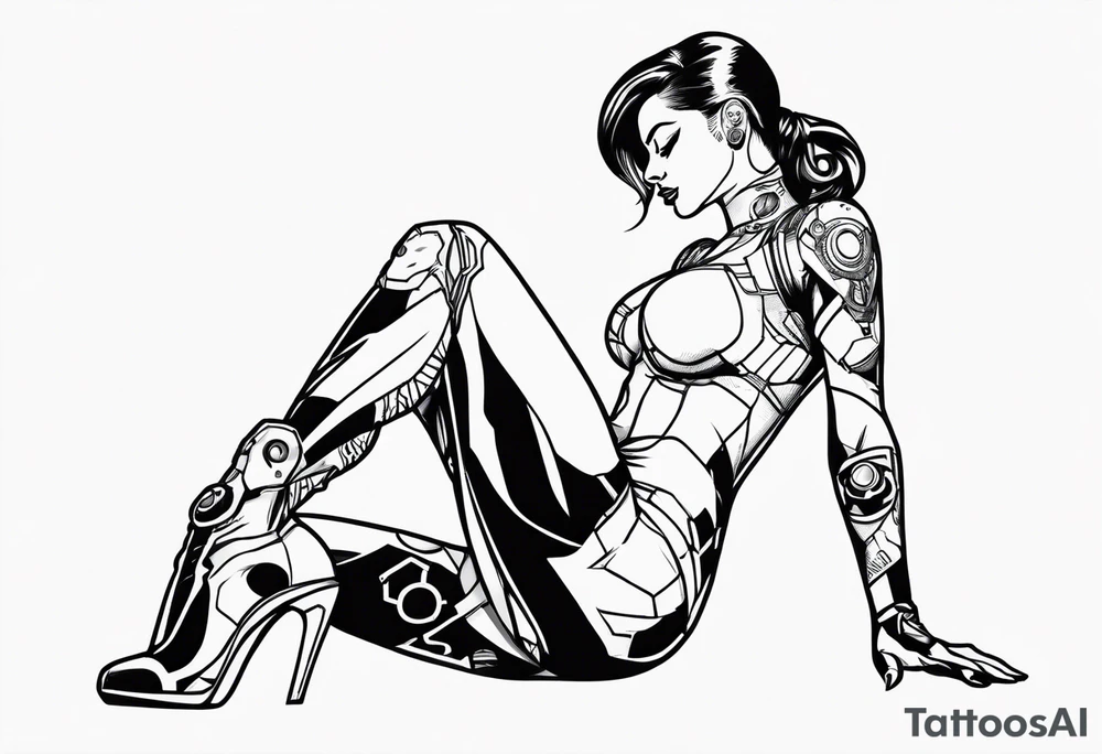 cyborg woman pinup dynamic pose tattoo idea