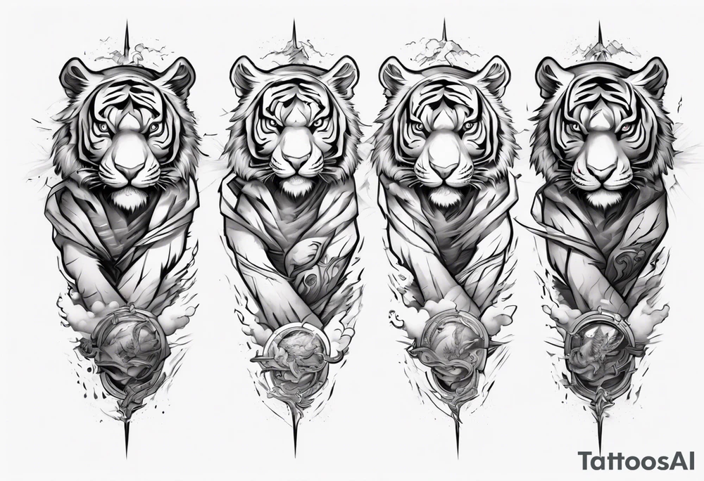 A mythical tiger forearm sleeve tattoo, with lightning and clouds filling the area tattoo idea