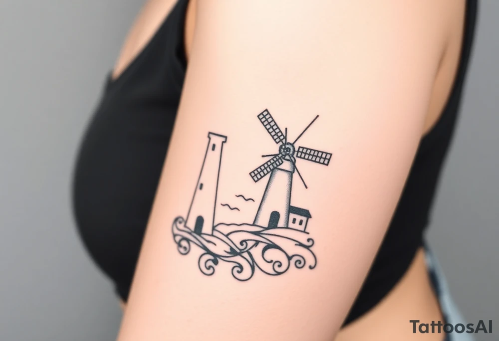 Merge halves of a lighthouse and windmill tattoo idea