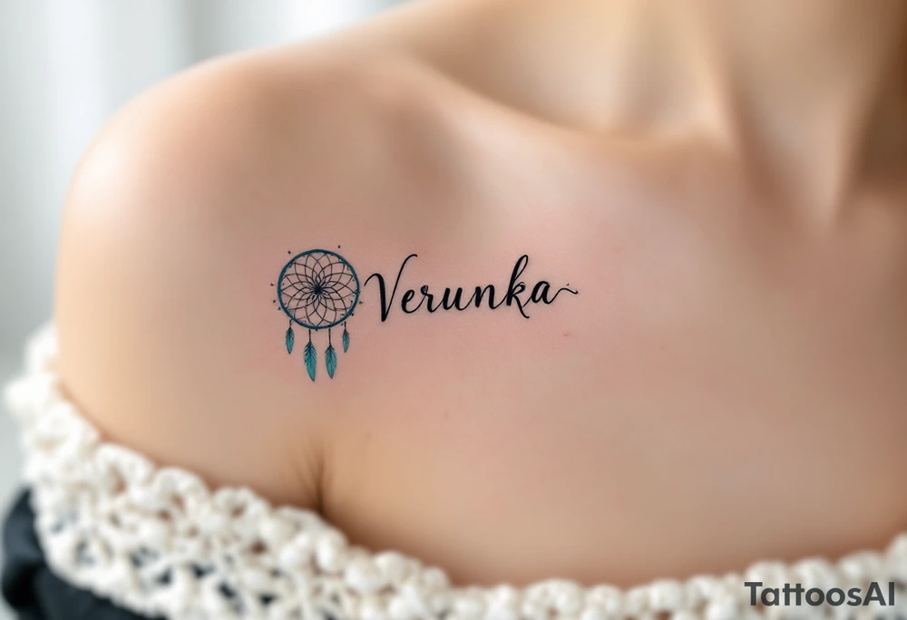 Verunka name encircled by a light teal dreamcatcher, with tiny feathers. tattoo idea
