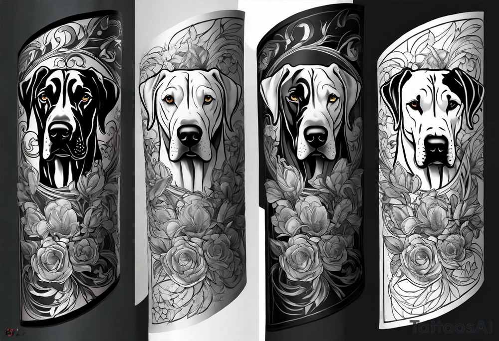 Arm sleeve that has 4 Great Dane heads mixed in with other fill work tattoo idea