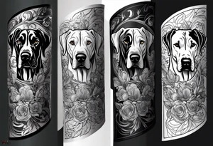 Arm sleeve that has 4 Great Dane heads mixed in with other fill work tattoo idea